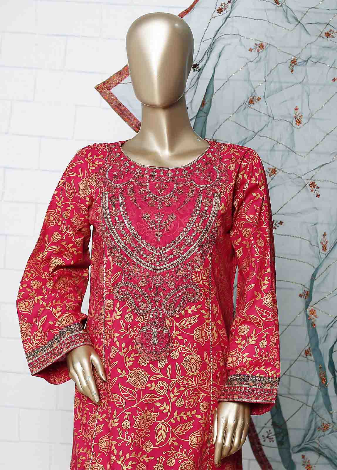 Bin Saeed Fabric - LRG-24-FR-  3 Piece Block Printed Embroidered Frock