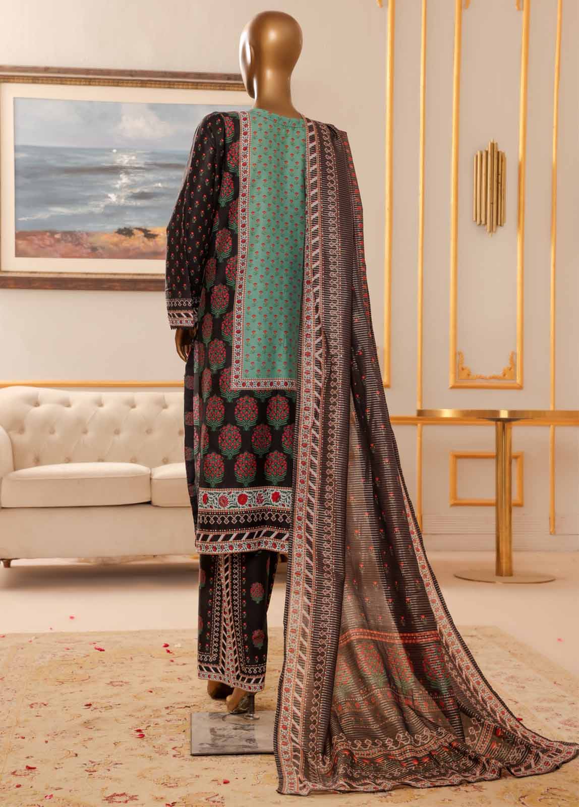 Bin Saeed Fabric - NSM-051-EMB R-64-3 Piece Chikankari Stitched Suit