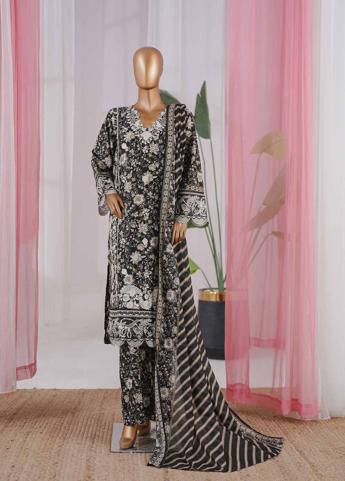 Bin Saeed Fabric - NSM-058-EMBC-3 Piece Chikankari Stitched Suit