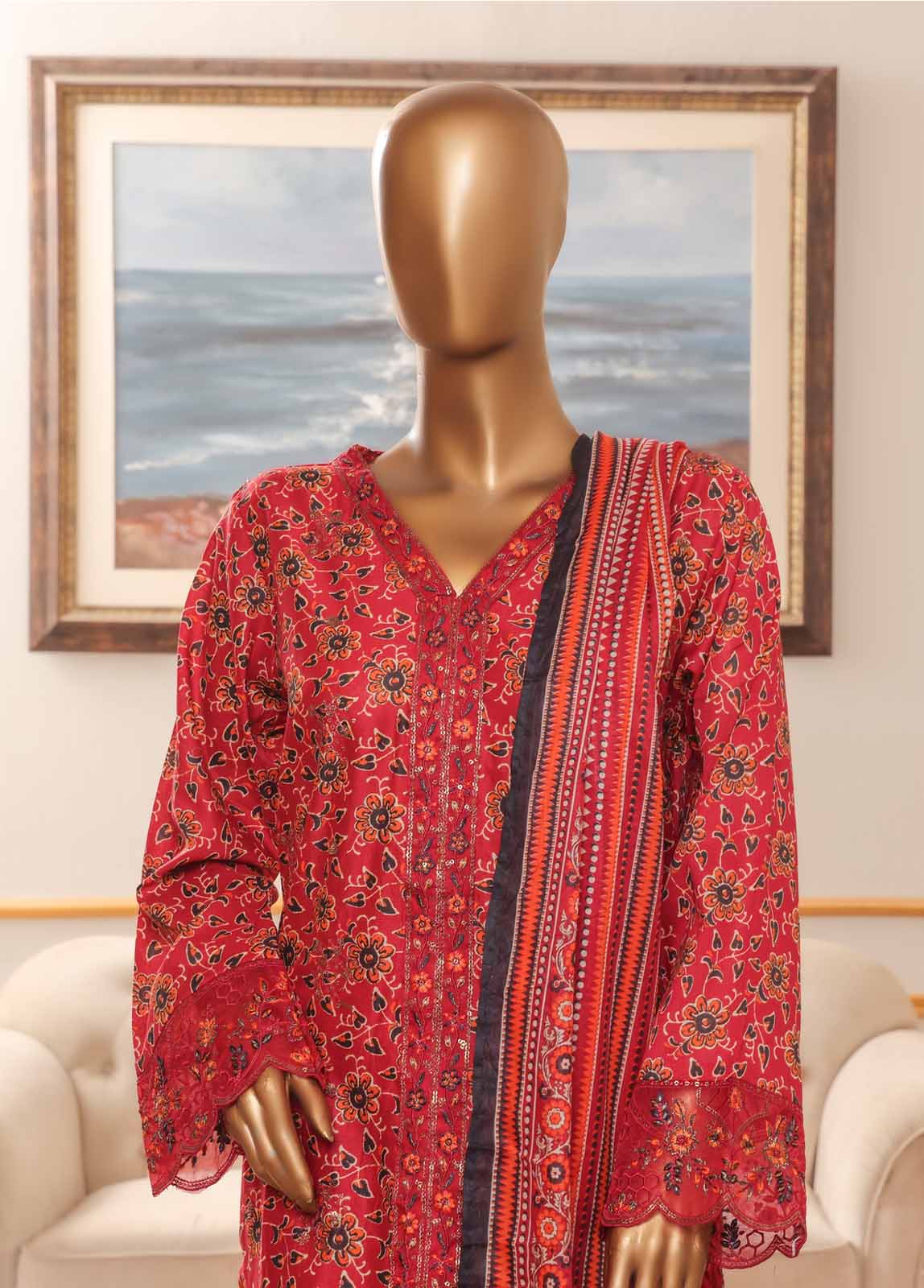 Bin Saeed Fabric - NSM-073-EMB R-64-3 Piece Chikankari Stitched Suit