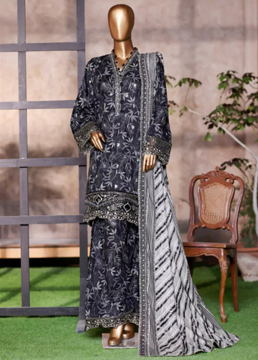 WCEMB-2517-F- 3 Piece Embroidered Cotton Stitched Suit