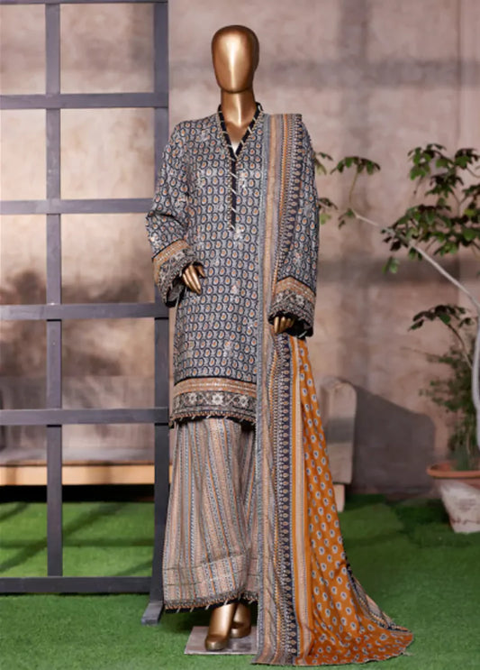 WCEMB-2523-F- 3 Piece Embroidered Cotton Stitched Suit