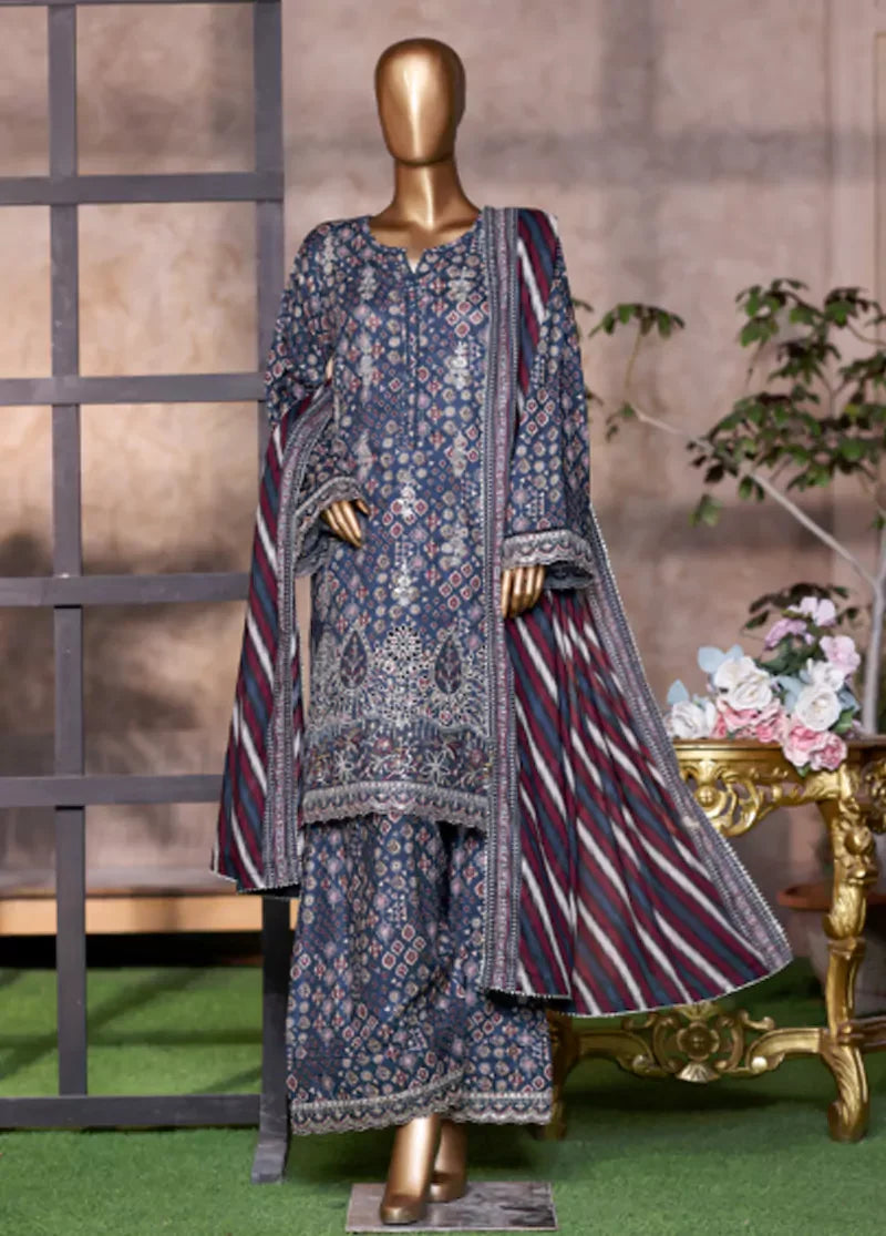 WCEMB-2524-F- 3 Piece Embroidered Cotton Stitched Suit