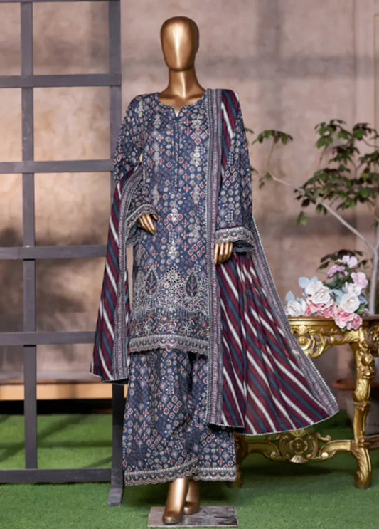 WCEMB-2524-F- 3 Piece Embroidered Cotton Stitched Suit