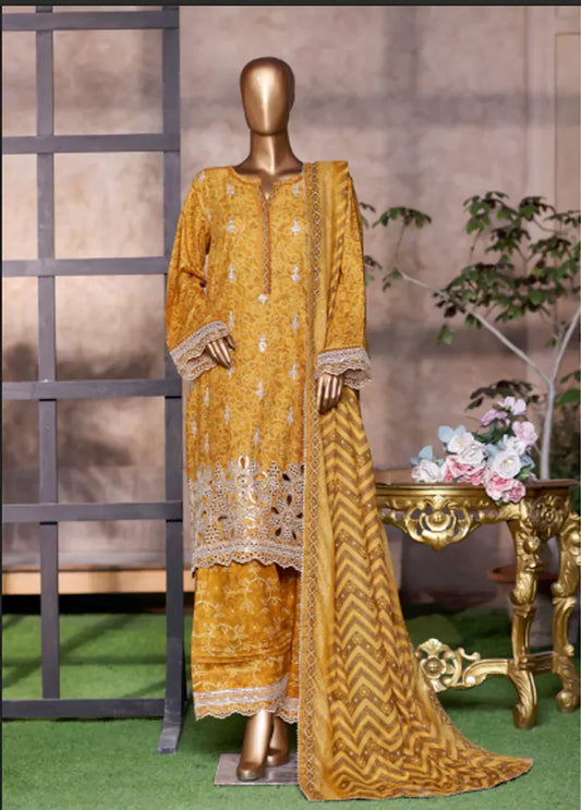 WCEMB-2528-F- 3 Piece Embroidered Cotton Stitched Suit