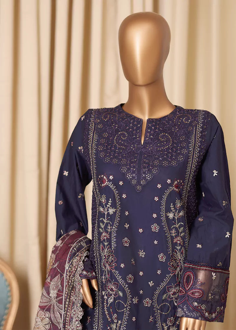 3 Piece Navy Blue Embroidered Cotton Suit with Trouser & Dupatta