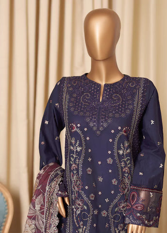 3 Piece Navy Blue Embroidered Cotton Suit with Trouser & Dupatta