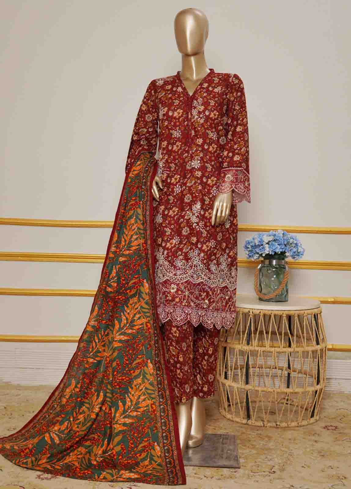 WKE-073- 3 Piece Khaddar Emboidered Stitched Suit