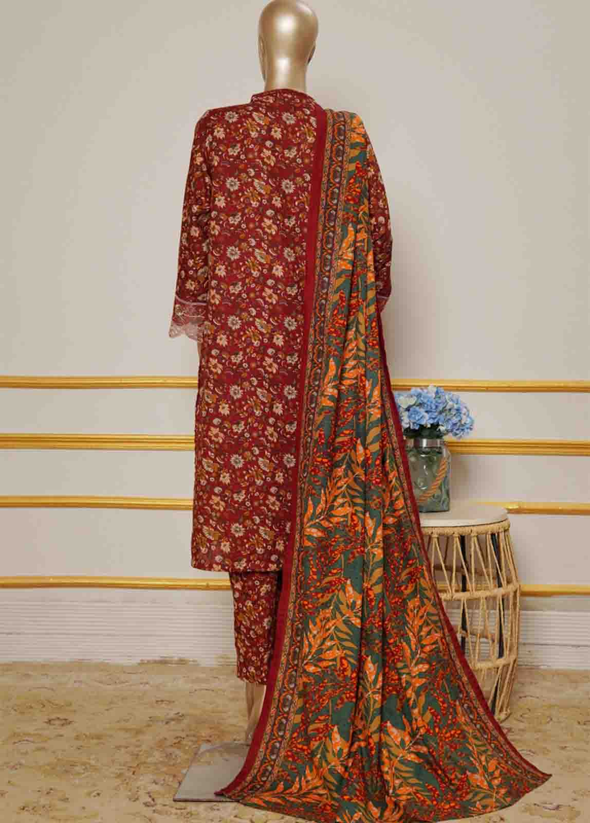 WKE-073- 3 Piece Khaddar Emboidered Stitched Suit