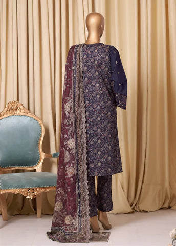 3 Piece Navy Blue Embroidered Cotton Suit with Trouser & Dupatta