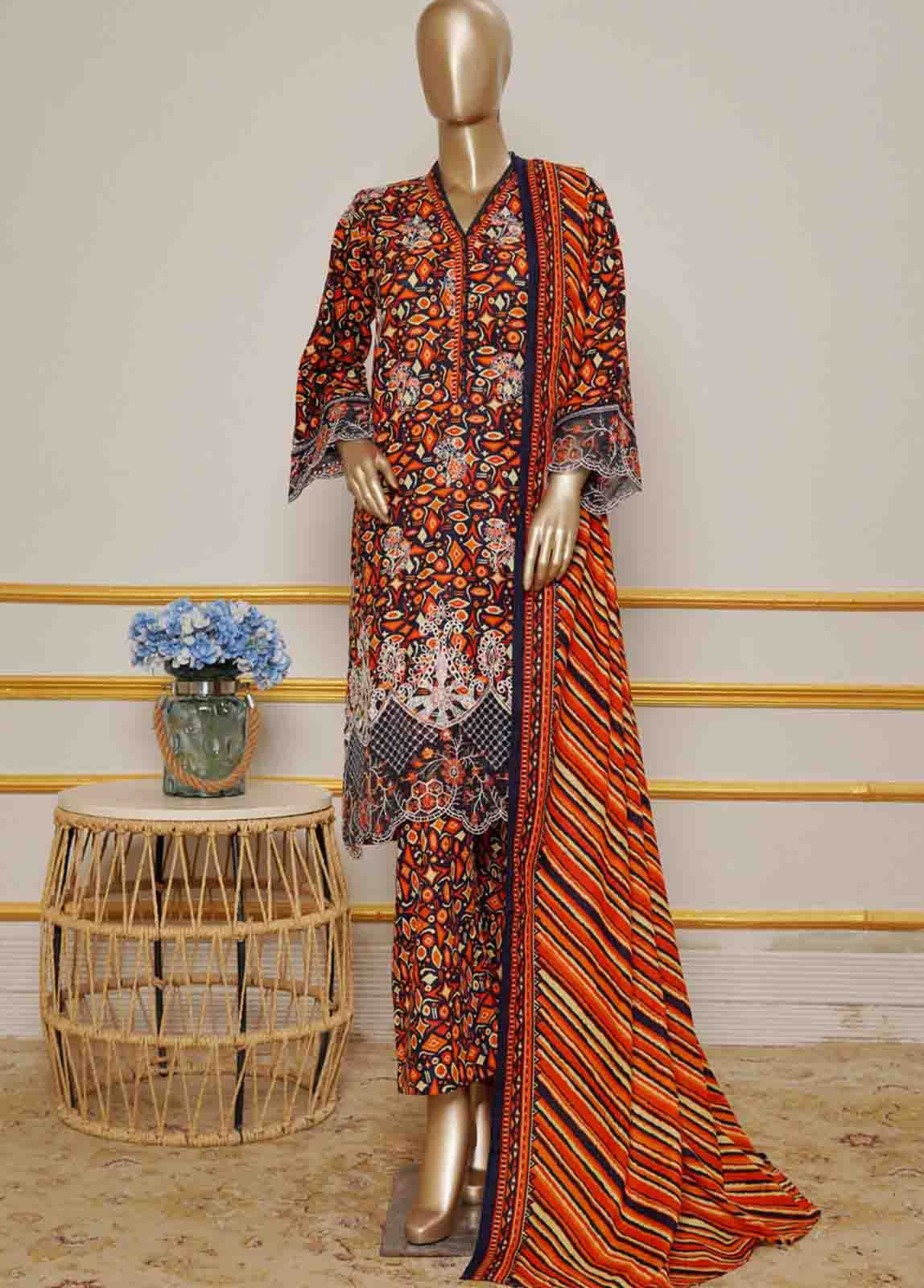 WKE-035- 3 Piece Khaddar Emboidered Stitched Suit