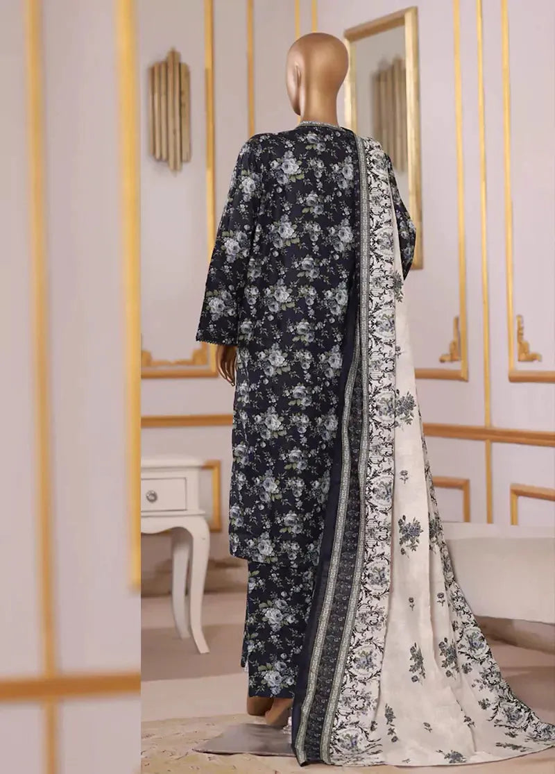 Bin Saeed Fabric - 3 Piece Printed Black Khaddar Shirt with Trouser & Dupatta