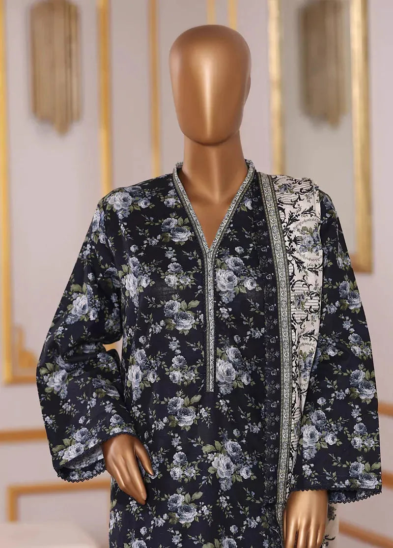 Bin Saeed Fabric - 3 Piece Printed Black Khaddar Shirt with Trouser & Dupatta