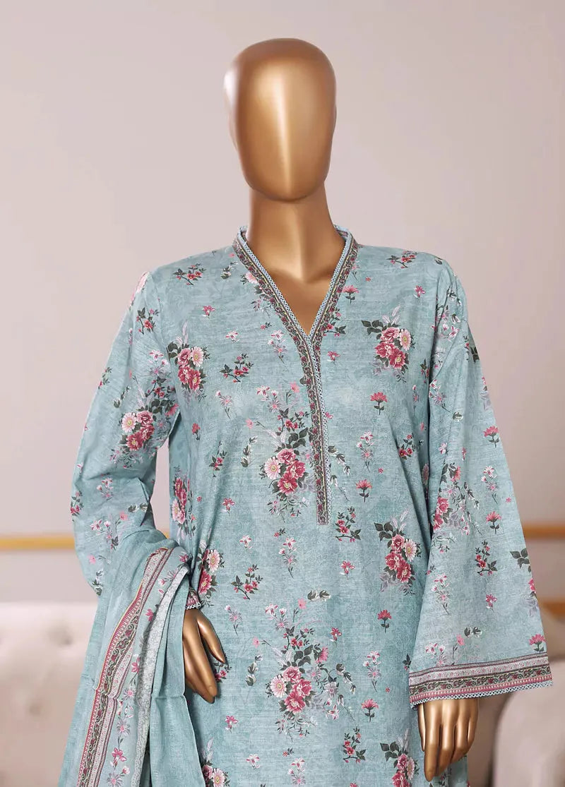 Bin Saeed Fabric - 3 Piece Printed Pastel Blue Khaddar Shirt with Trouser & Dupatta