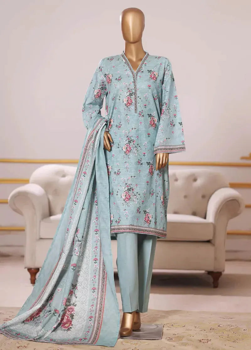 Bin Saeed Fabric - 3 Piece Printed Pastel Blue Khaddar Shirt with Trouser & Dupatta