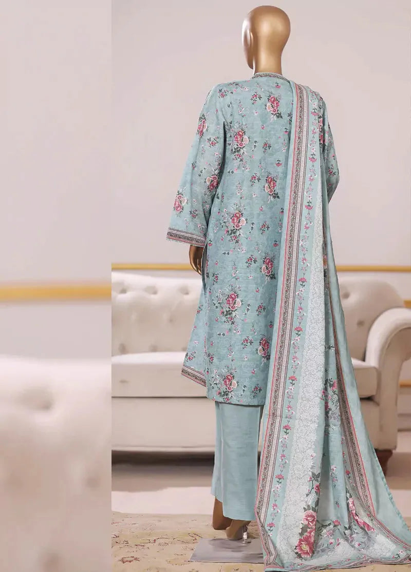 Bin Saeed Fabric - 3 Piece Printed Pastel Blue Khaddar Shirt with Trouser & Dupatta