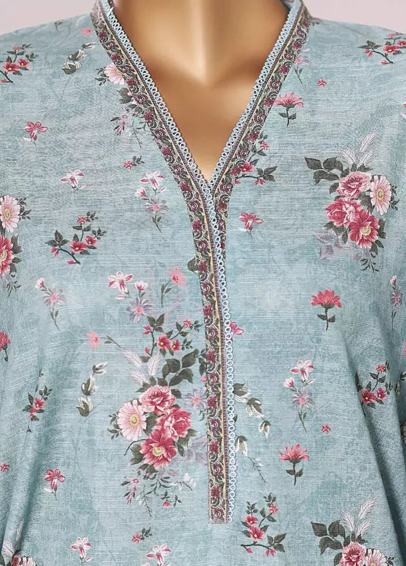 Bin Saeed Fabric - 3 Piece Printed Pastel Blue Khaddar Shirt with Trouser & Dupatta