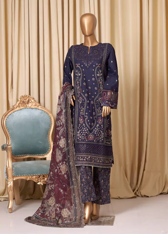 3 Piece Navy Blue Embroidered Cotton Suit with Trouser & Dupatta