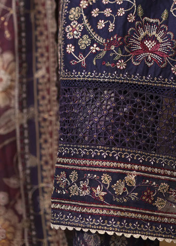 3 Piece Navy Blue Embroidered Cotton Suit with Trouser & Dupatta