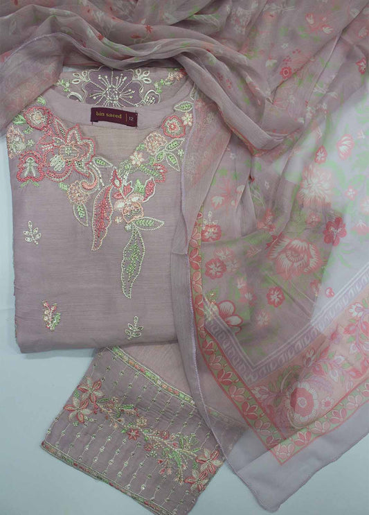 Bin Saeed Fabric - ASTSCS-0207-R-65- 3 Piece Luxury Embroidered Stitched Suit