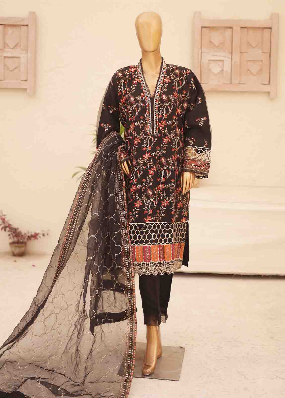 Bin Saeed Fabric - BIL-001 E- 3 Piece Embroidered Organza