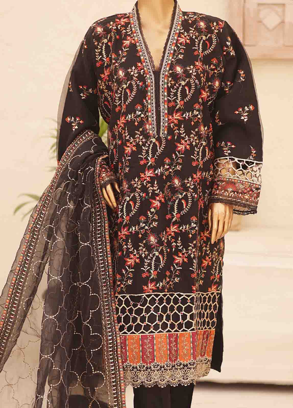 Bin Saeed Fabric - BIL-001 E- 3 Piece Embroidered Organza