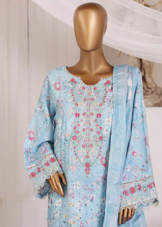 3 Piece Chikankari Stitched Blue Color Lawn Suit with Trouser & Dupatta