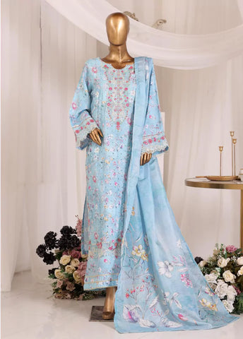 3 Piece Chikankari Stitched Blue Color Lawn Suit with Trouser & Dupatta