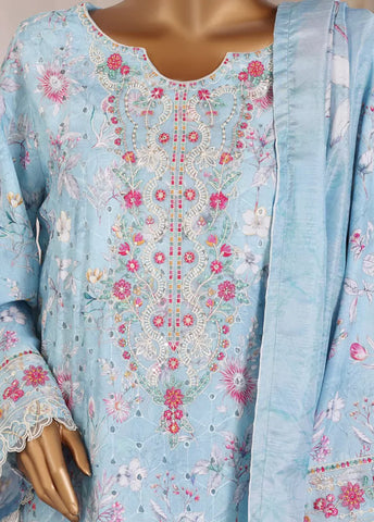 3 Piece Chikankari Stitched Blue Color Lawn Suit with Trouser & Dupatta