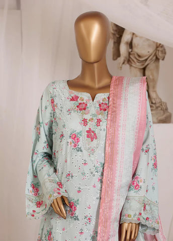 3 Piece Chikankari Stitched Light Blue Color Lawn Suit with Trouser & Dupatta