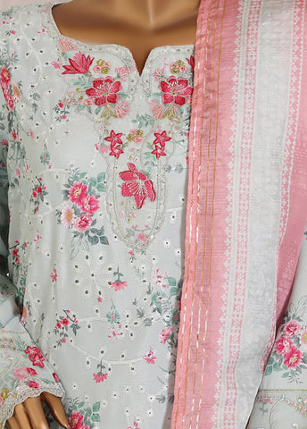 3 Piece Chikankari Stitched Light Blue Color Lawn Suit with Trouser & Dupatta