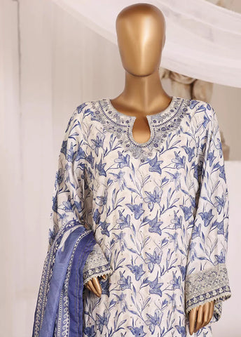 3 Piece Chikankari Stitched White & Blue Color Lawn Suit with Trouser & Dupatta