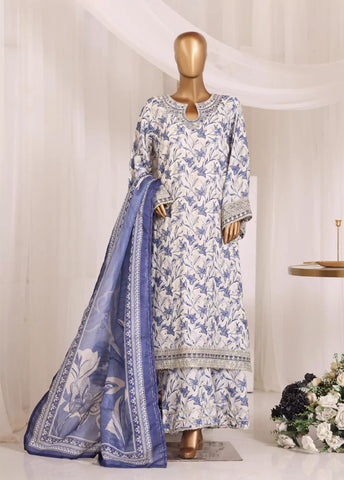 3 Piece Chikankari Stitched White & Blue Color Lawn Suit with Trouser & Dupatta