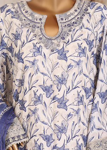 3 Piece Chikankari Stitched White & Blue Color Lawn Suit with Trouser & Dupatta