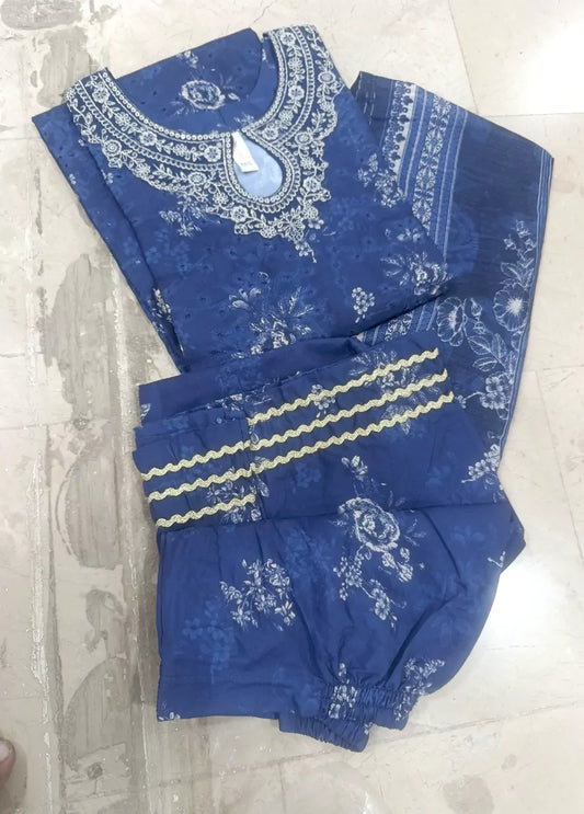 3 Piece Chikankari Stitched Navy Blue Color Lawn Suit with Trouser & Dupatta