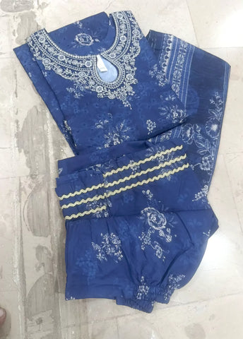 3 Piece Chikankari Stitched Navy Blue Color Lawn Suit with Trouser & Dupatta