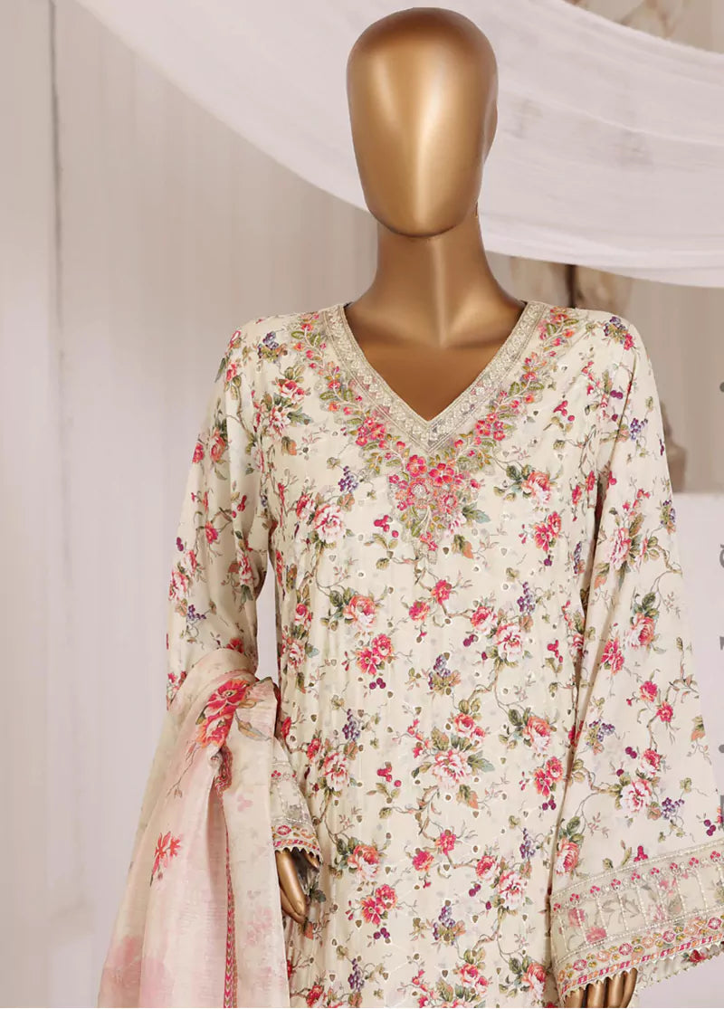 3 Piece Chikankari Stitched Beige Color Lawn Suit with Trouser & Dupatta