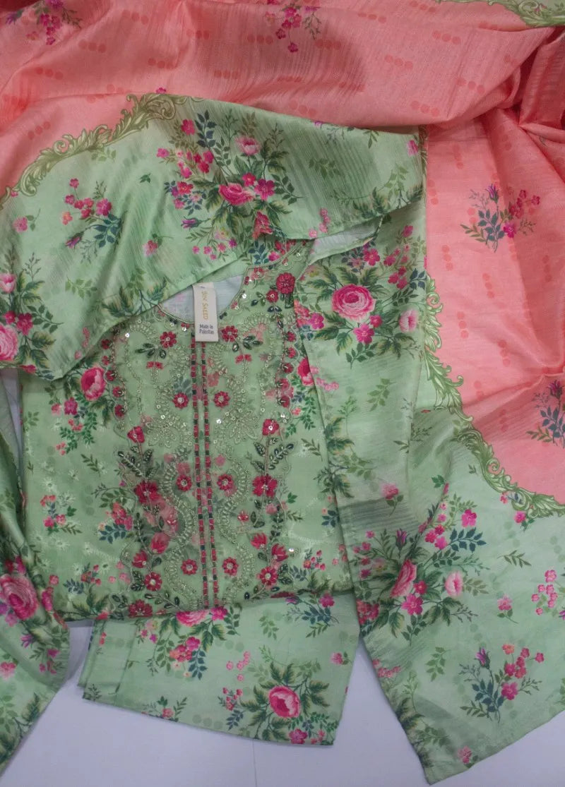 3 Piece ChikanKari Stitched Mint Green Color Viscose Shirt with Trouser & Dupatta