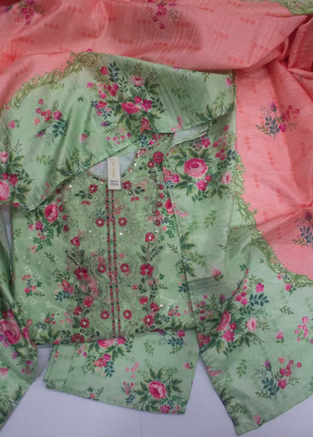 3 Piece ChikanKari Stitched Mint Green Color Viscose Shirt with Trouser & Dupatta