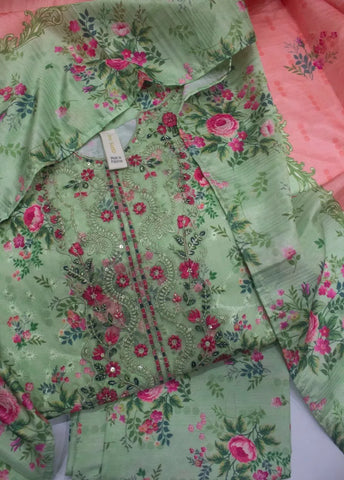 3 Piece ChikanKari Stitched Mint Green Color Viscose Shirt with Trouser & Dupatta