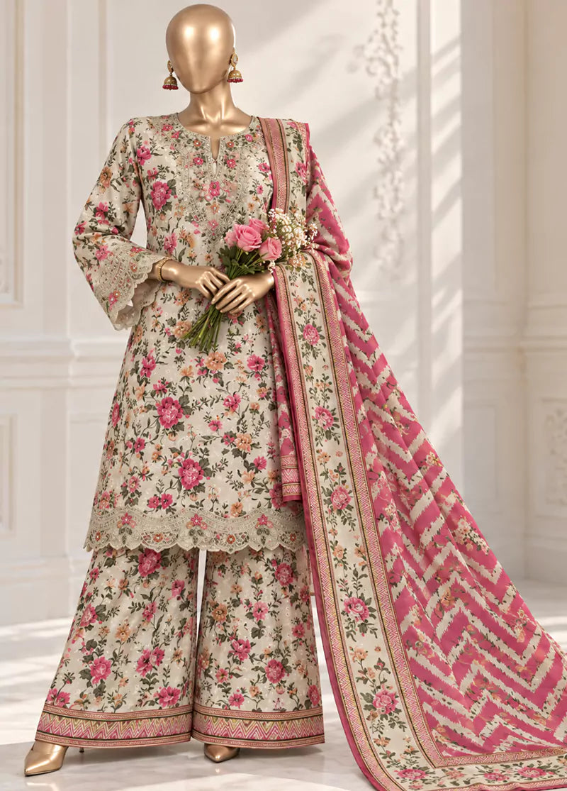 3 Piece ChikanKari Stitched MultiColor Viscose Shirt with Trouser & Dupatta