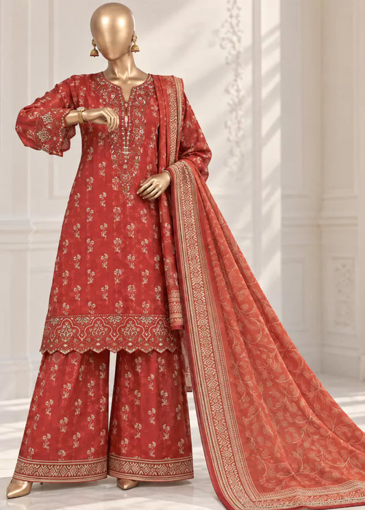 3 Piece ChikanKari Stitched Red Color Viscose Shirt with Trouser & Dupatta