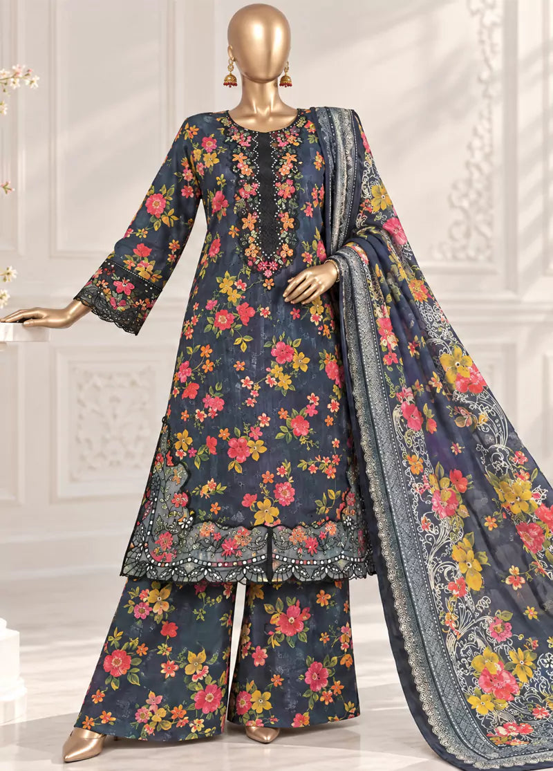 3 Piece ChikanKari Stitched MultiColor Viscose Shirt with Trouser & Dupatta