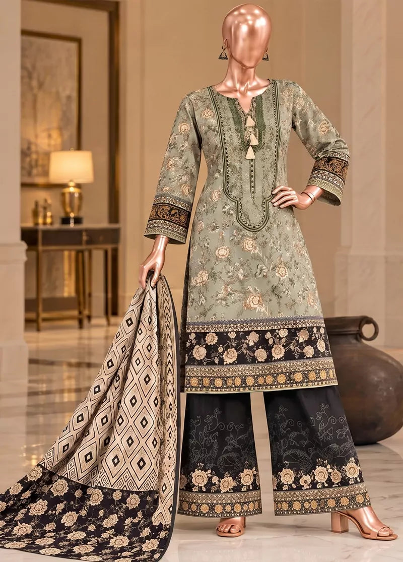 3 Piece Embroidered Stitched Pistachio Green Color Viscose Shirt with Trouser & Dupatta