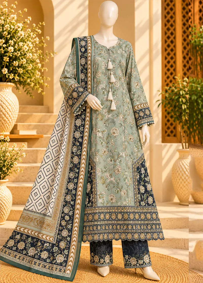 3 Piece Printed Stitched Pista Green Color Viscose Linen Kaftan with Trouser & Dupatta