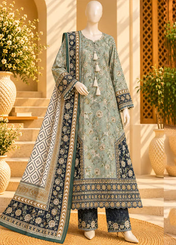 3 Piece Printed Stitched Pista Green Color Viscose Linen Kaftan with Trouser & Dupatta