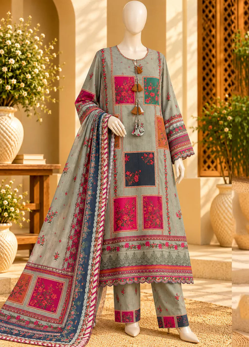 3 Piece Printed Stitched MultiColor Viscose Linen Kaftan with Trouser & Dupatta