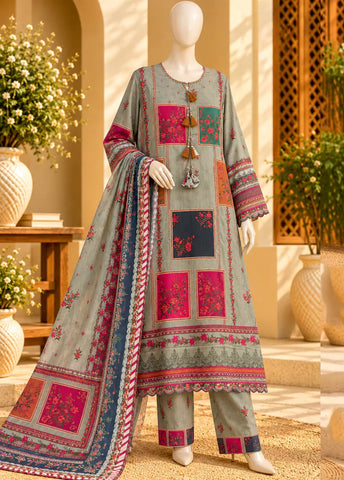 3 Piece Printed Stitched MultiColor Viscose Linen Kaftan with Trouser & Dupatta