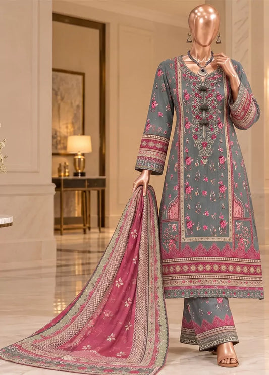 3 Piece Embroidered Stitched Grey & Pink Color Viscose Shirt with Trouser & Dupatta