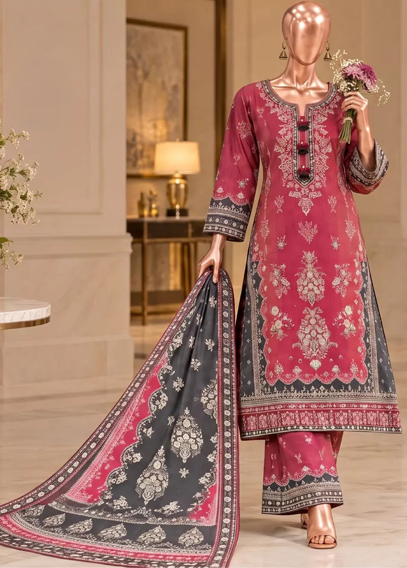 3 Piece Embroidered Stitched Pink Color Viscose Shirt with Trouser & Dupatta